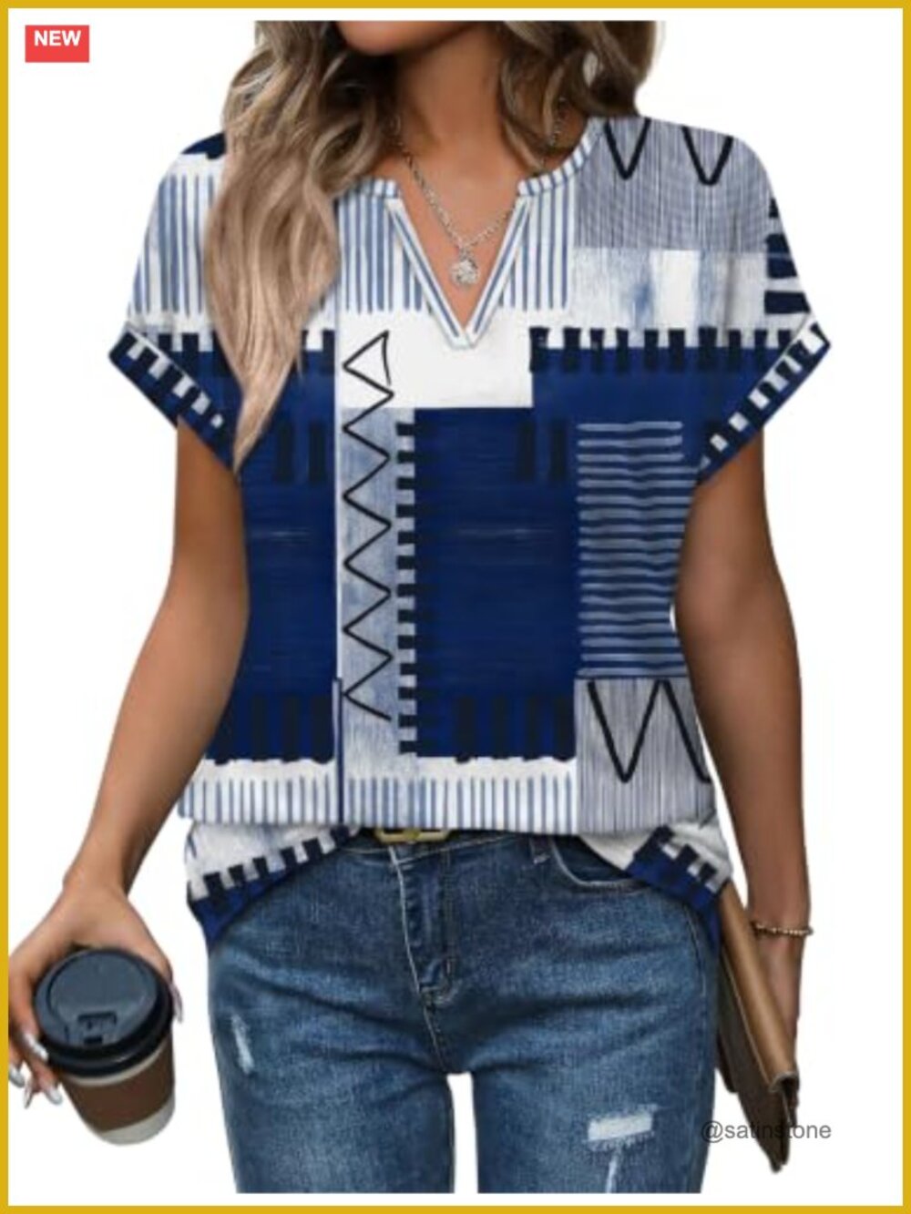 Women's V-Neck Rolled Sleeve T-Shirt Casual Tunic Top